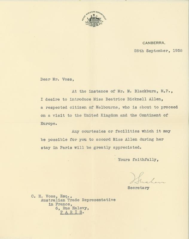 Letter of introduction for Miss Beatrice Bicknell Allen (18981972