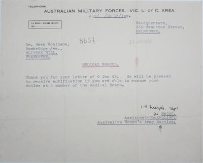 Typewritten letter from the Australian Military Forces; 13 Jan 1943; MHM2014.417