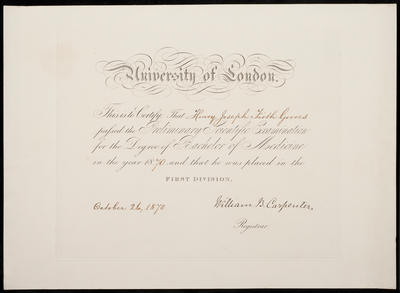 Certificate provided to Henry Joseph Firth Groves for passing the preliminary scientific examination for the Bachelor of Medicine degree; 1870; MHM03743