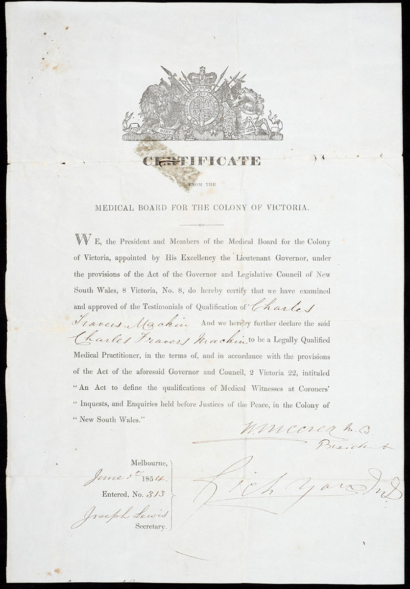 Certificate from the Medical Board for the Colony of Victoria in NSW