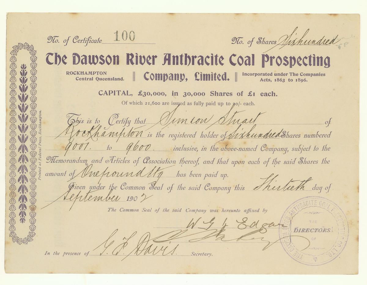 Share Certificate for The Dawson River Anthracite Coal Prospecting