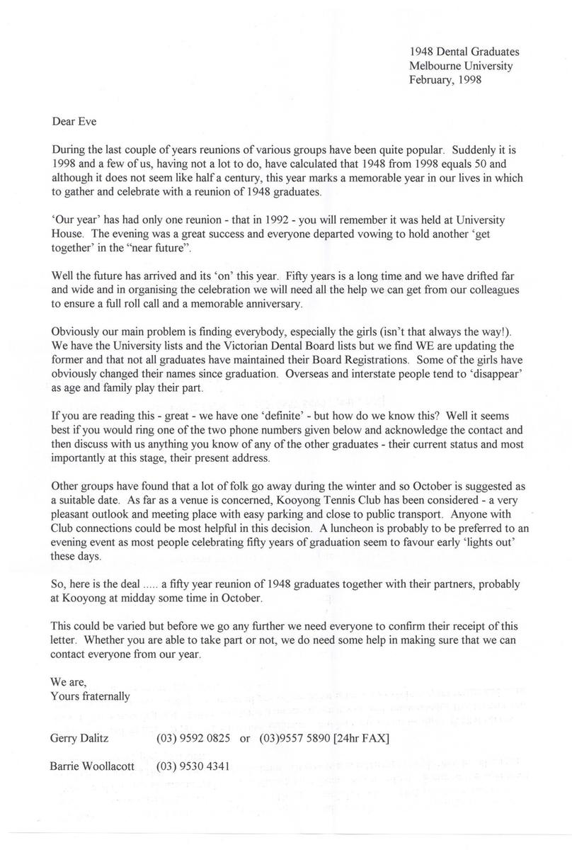 Correspondence to Eve Landman (née Weiss) with details of the 50th