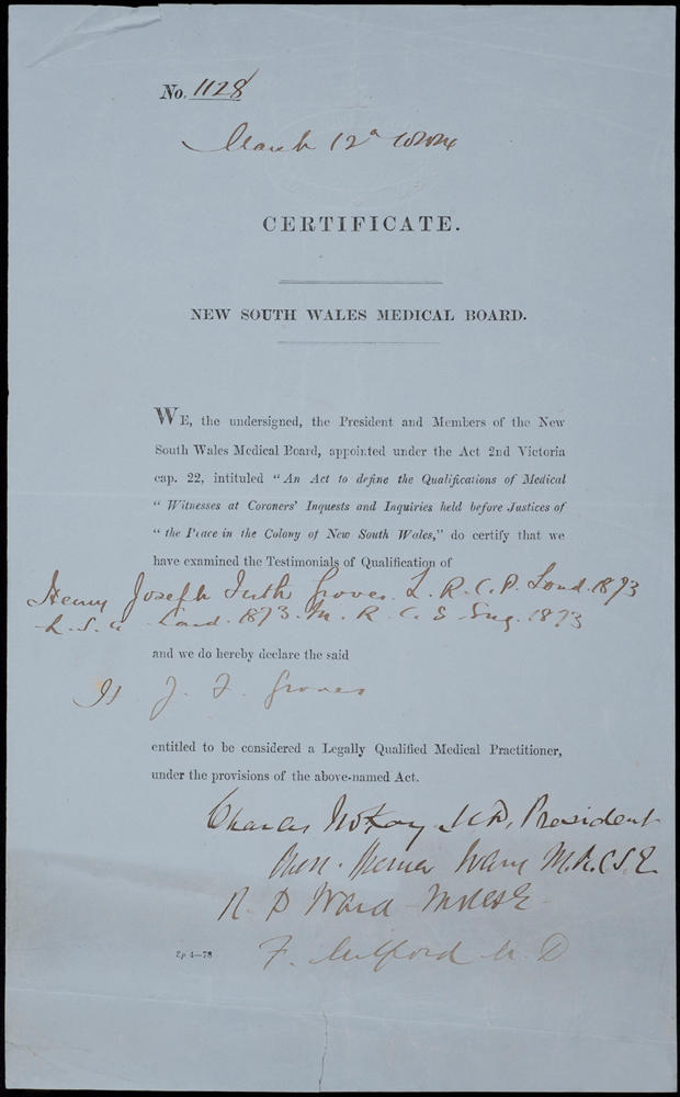 Certificate no 1128 entitling Dr Henry Joseph Firth Groves to work as a