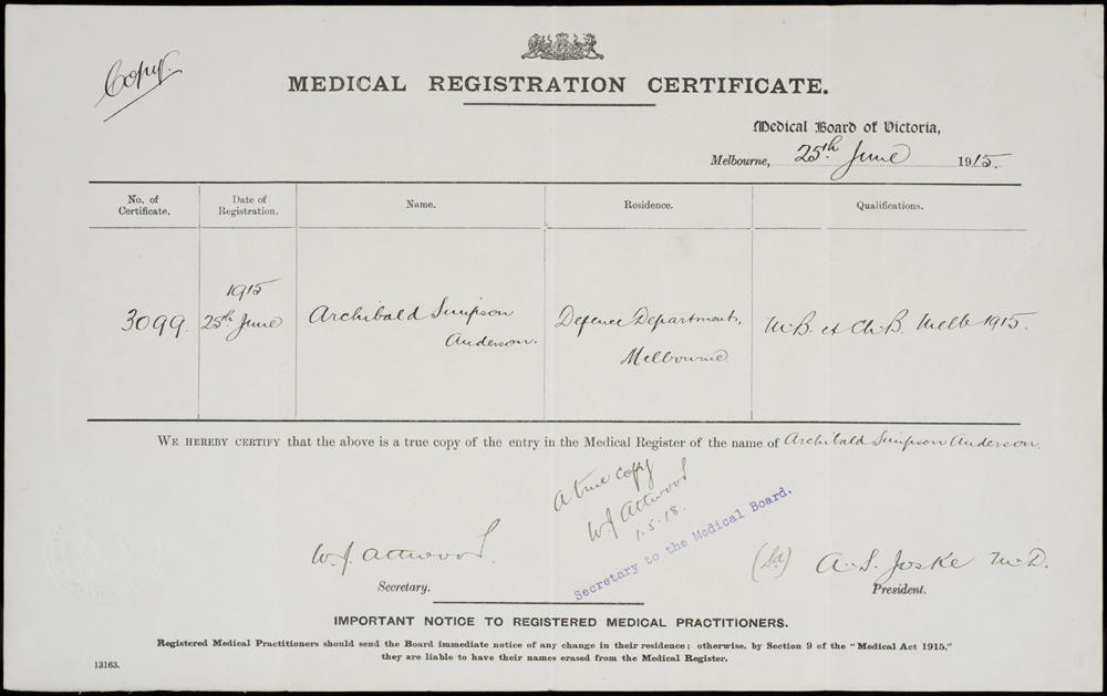 Medical Registration Certificate no 3099 issued to Dr Archibald Simpson ...